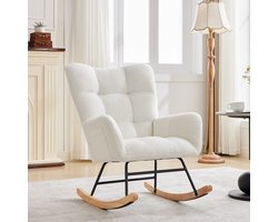 Triumpunpre Schommelstoel met Zacht Imitatie Schapenvacht - Gepolsterde Relaxstoel met Armleuningen - Stevig Houten Frame & Stalen Constructie - Schaukelsessel tot 120 kg Belastbaar - voor Woonkamer, Slaapkamer, Babykamer - Beige