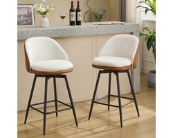 Triumpunpre - Set van 2 Draaibare Barkrukken - 66 cm Zithoogte - Metalen Poten en Voetsteun - Zonder Armleuningen voor Keukeneiland en Bar - Buitenkant PU Bruin + Binnenkant Linnen Crème Wit