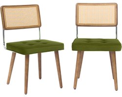 Triumpunpre - Set van 2 Eetkamerstoelen - Mid‑Century Rotan Stoelen - Gestoffeerde Zitting - Massief Houten Poten voor Eetkamer en Woonkamer - Fluweel | Groen