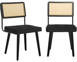 Triumpunpre - Set van 2 Eetkamerstoelen - Mid‑Century Rotan Stoelen - Gestoffeerde Zitting - Massief Houten Poten voor Eetkamer en Woonkamer - Fluweel | Zwart