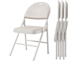 Triumpunpre Set van 4 Klapstoelen - Hoge Rug Vouwstoelen met PU Leren Zitting en Schuimvulling - Inklapbare Eetkamerstoelen voor Binnen, Buiten, Feest, Bruiloft - Metaal - Beige