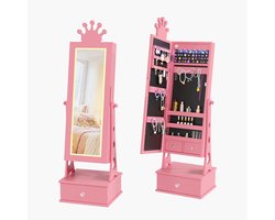 Triumpunpre - Staande Sieradenkast Voor Meisjes Met Kroonvormige Bovenkant - Full‑Body Spiegel - Touch‑Control 3‑Kleuren LED‑Verlichting En 3 Lades - Roze
