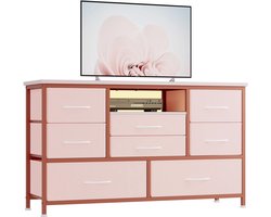 Triumpunpre TV Meubel met 8 Laden en LED Verlichting – Multifunctioneel Entertainmentkast met Stopcontact – Stoffen Ladekast voor Woonkamer, Slaapkamer – Modern Opbergmeubel voor TV tot 55 Inch, Roze