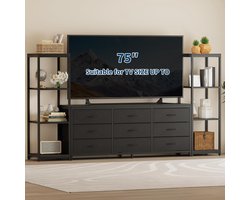 Triumpunpre - TV Meubels voor woonkamer en entertainmentcentrum - met 9 stoffen laden 2 opbergplanken - geschikt voor tv tot 75 inch - Zwart