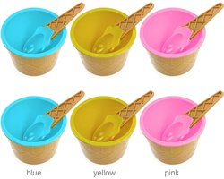 TRIXES Set van 6 ijsdesserts kommen en bijpassende lepels, kunststof, diverse schattige kleuren roze, lila, blauw oranje, geel en groen, wafer design ijskegel kom