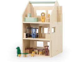 Trixie Houten Poppenhuis - met 13 meubelaccessoires - Speelgoed voor Kinderen - Huis voor houten Poppetjes - Vanaf 3 jaar - FSC
