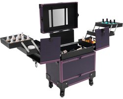 Trolley, make-upkoffer, cosmetica-make-uporganizer, professionele grote make-upkoffer, kapperskoffer, beautycase, 4 wielen, handvat + spiegel, paars, Make-upkoffer