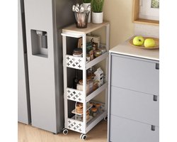 Trolley met 4 niveaus, 4-laags rollende keukenrek op wielen, smalle keukentrolley Met metalen handvat, Geschikt voor kleine ruimtes, keukens, badkamers, woonkamers, studeerkamers (wit)
