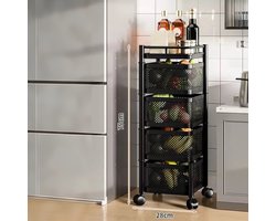 Trolley op wielen - Keukentrolley - Keukenrek - Serveerwagen - 4 lagen - Zwart - Opbergtrolley - Organizer - Verrijdbaar en Vast - Badkamer - Keuken - Woonkamer - Opbergen