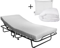 Troonz® Opklapbed Napoli 90x200 cm – Handmatig Verstelbaar Vouwbed met Luxe Matras – Compact Logeerbed Inklapbaar – Verstelbaar Eenpersoonsbed - Logeerbed inclusief Hoofdkussen en 4 seizoenen Dekbed
