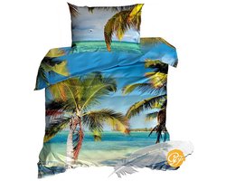 Tropisch 3D Dekbedovertrekset - Katoen Satijn - Eenpersoons 140x200 cm - Inclusief 1 Kussensloop 70x80 cm - Design: "Palmy" Paradijselijk Strand met Palmbomen & Oceaan – Vakantiegevoel