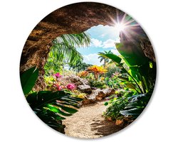 Tropisch paradijs door rotsopening - Natuur wandcirkel - Rond wandpaneel tuin - Realisme - Forex wanddecoratie - Mid-century modern schilderij - Muurcirkel forex 60x60 cm
