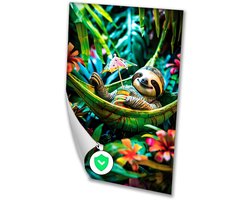 Tropische luiaard met bloemen - Sloth muurdecoratie - Wanddecoratie dieren - Digital Art - Wanddecoratie klassiek - Muurdecoratie posters - poster 60x90 cm
