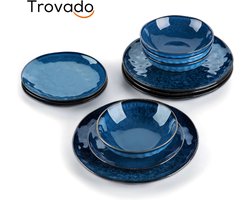 Trovado® Serviesset 4 Persoons - Servies set 12 delig - Keramiek - Blauw - Steen - 4 Ontbijt - 4 Diner - 4 Kom - Bord
