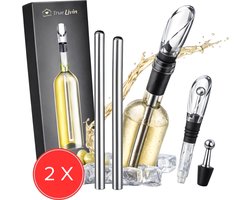 True Livin 2 x Wijnkoeler Stick - 4-in-1 Wijnkoeler Staaf - Luxe Geschenkset - RVS - Lekvrij - Inclusief Schenktuit & Stopper - Geschikt Voor Elke Wijnfles - 2 Stuks