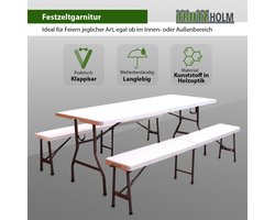TRUTZHOLM - Biertentset 3-delig - 180 x 75 cm - Opvouwbaar - Wit - Inclusief Tafel en 2 Banken - HDPE Kunststof
