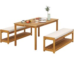TRUUSK 3-delige Tuinmeubelset van Acaciahout - Eettafel met Parasolgat - 2 Banken - Balkonmeubelset - Geschikt voor Balkon en