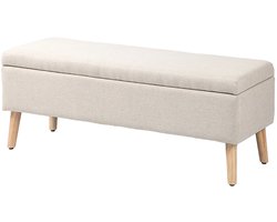 TRUUSK Gestoffeerde Zitbank met Opbergruimte - 110 x 39 x 45 cm - Beige Linnenlook - Rubberhout - Voor Hal, Slaapkamer, Woonkamer