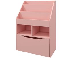 TRUUSK Kinder Boekenkast Met Lade - 3 Opbergvakken - 2 Open Vakken - Roze - 60 x 29,9 x 90 cm - Voor Kinderkamer en Speelkamer