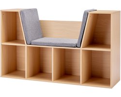 TRUUSK Kinderboekenkast met Zitkruk - 6 Vakken - 3 Kussens - Speelgoedkist - Grijs/Natuur - 103 x 30 x 62 cm - Vanaf 3 jaar