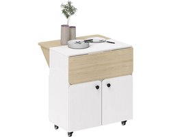 TRUUSK Klaptafel Rolkast - Opklapbare Tafelzijden - Kastvak - 4 Wielen - Wit+Natuurhout - 70 x 83 x 75cm