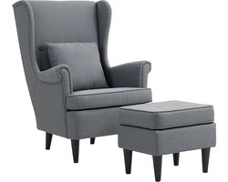 TRUUSK Oorfauteuil met Voetenbank - Linnenlook - Lendenkussen - Moderne Loungestoel met Armleuningen - Grijs