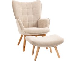 TRUUSK Oorfauteuil Met Voetenbank - Relaxfauteuil Gestoffeerd in Corduroy-look - Loungestoel met Houten Poten - TV-stoel Beige