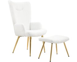 TRUUSK Oorfauteuil Met Voetenbank - Sherpa-hoes - Hoge Rugleuning - Loungestoel Met Armleuning - Stalen Poten - Wit