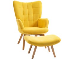 TRUUSK Relaxstoel Loungestoel Oorfauteuil Met Kruk - Geel - Houten Poten - Koord-Uiterlijk - Comfortabel Zitten