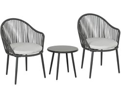 TRUUSK Rotan Bistroset - 2 Stoelen en 1 Tafel - Weerbestendig - 65x63x80 cm - Donkergrijs/Lichtgrijs