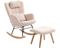 TRUUSK Schommelstoel Met Voetenbankje - Zachte Fleece Hoes - Houten Poten - Kussen - Hoge Rugleuning - Beige