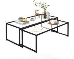 TRUUSK Set van 2 Salontafels - Glazen Tafels - Gepoedercoat Staal - Zwart + Transparant