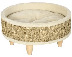 TRUUSK Verhoogd Hondenbed Rond 48x48x24.5 cm - Zeegras Touw - Houten Poten - Wasbaar Kussen - Comfortabel en Stijlvol - Beige