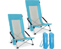 TRVLMORE Strandstoelen - Set van 2 - Inklapbaar en Opvouwbaar - 130KG Draagkracht - Lichtgewicht - Met Draagtas en Bekerhouder - Hoge Leuning - Blauw