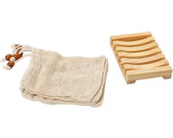 Trywise 1 Stuk Houten Zeepbakje - Zelfdrogende Zeephouder met 5 Katoenen Zeepzakjes - 11 x 8 x 2,1 cm - Primaire kleur