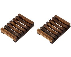 Trywise 2 Stuks Houten Zeepbakjes - Zelfdrogende Zeephouders met Afvoer - 11 x 8 x 2,1 cm - Voor Badkamer en Keuken - Koffiekleurig