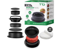 TTD® Hamburgerpers en Hamburgermaker - Smash Burger - Grillgroeven - BBQ Accesoires - Burgerpers - Barbecue Accessoires - Burger Press - Ook voor Miniburgers en Gevulde Burgers - Vaatwasserbestendig - BPA Vrij - Inclusief 100 Waxpapiertjes - Zwart