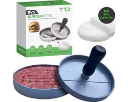 TTD® Hamburgerpers en Hamburgermaker - Smash Burger - Hittebestendig - Strakke Grillgroeven - BBQ Accesoires - BBQ Gereedschap - Barbecue Accessoires - Burger Press - Vaatwasserbestendig - Inclusief 100 Waxpapiertjes - RVS