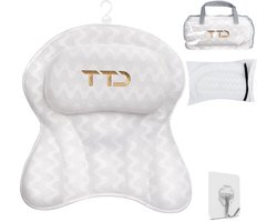 TTD® Luxe Badkussen - Ergonomisch Nekkussen met Hoofdsteun voor in Bad - 6 Sterke Zuignappen voor Fixatie - 5D Air Mesh Stof - Wasbaar in Wasmachine - Inclusief Waszak en Reistas