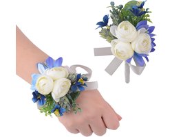 TTGoods - Polskorsetbloem set voor bruiloft en feest - Kunstmatige pols corsage en boutonniere - Bruid hand bloem - Mannen boutonniere - Wit en blauw