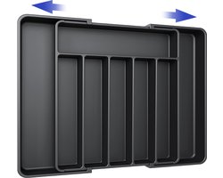 TTLUOKER® Besteklade Uitschuifbare met 8 Vakken - Bestekbak Verstelbare voor Lepels, Vorken, Messen - Lade Organizer Keukenlade - 33.5 / 57 x 38 x 5cm - Bestekhouder Keuken - Kunststof - Zwart