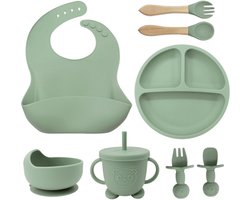 TTLUOKER®8-Delig Kinderservies set Siliconen - Baby Servies set Incl. bord met zuignap, drinkbeker met rietje, slabbetje en 2 sets Kinderbestek - Baby Bestek Siliconen - Vaatwasserbestendig - Ovenbestendig - BPA Vrij - Lichtgroen