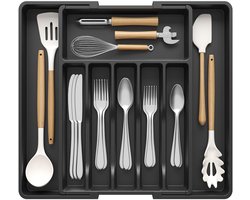 TTLUOKER®Besteklade Uitschuifbaar met 8 Vakken - Verstelbare Keukenlade Organizer voor Bestek (Lepels, Vorken, Messen) - 33.5x38cm (Uitschuifbaar tot 57cm) - Zwart