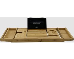Tubble® Bamboe Bad Tray - Luxe bamboo Badplank / Badrekje - 75 cm Breed en tot 110 cm Uitrekbaar - Boek en Glashouder