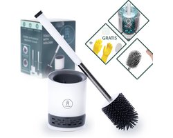 TUHome wc borstel met houder wit – silicoon – robuust, sneldrogend en gemakkelijk schoon te maken - incl muursticker, pincet, mud pad en gratis handschoenen