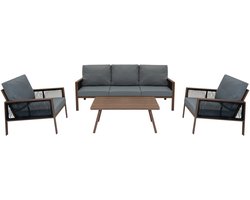 Tuin Aluminium 5-Zits Meubilair Loungeset | Houteffect, 4 Stuk, Buiten, Terras, 3-Zits Zitbank, 2x Fauteuils, Salontafel, Weerbestendig, Dikke Kussens, Wasbare Waterdichte Regenhoes Rotan Vervanger