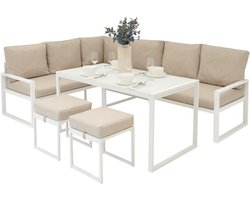 Tuin Aluminium Meubels, Wit, 7-Zits Buiten Terras Lounge Set | Sectionele Hoek L-Vormige Bank, Eettafel met Glazen Bovenblad, 2 Krukken | Kussens Wasbare Hoezen Waterdichte Regenhoes Rotan Vervanger
