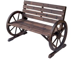 Tuin Bank - Tuinbank Hout - Tuinbanken - Garden Furniture - Rustieke Houten Tuinbank met Wagenwiel-Armleuningen - 2-Zits Bank van Vurenhout