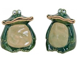 Tuin beeld kikker - 1x - keramiek - 12 cm - tuindecoratie beeldje - groen - met brede bek
