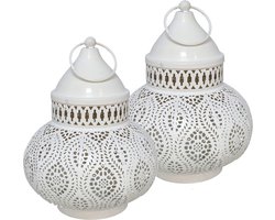 Tuin deco lantaarn - 2x - Marokkaanse sfeer stijl - wit/goud - D15 x H19 cm - metaal - buitenverlichting - buitenverlichting